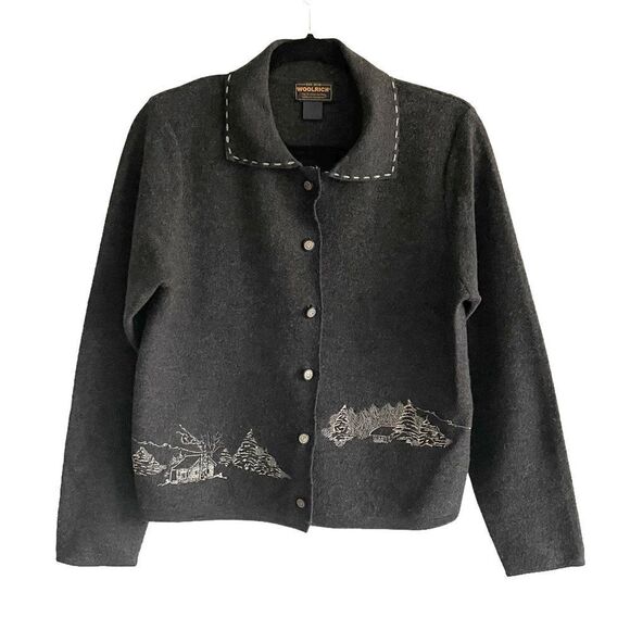WOOLRICH Vintage Button Front Cardigan Sweater Jacket Embroidery Gray M - Picture 1 of 11